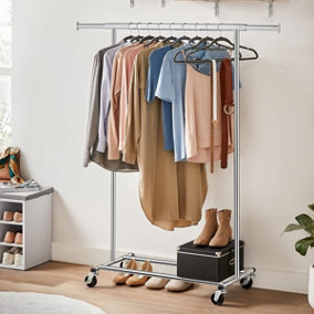 SONGMICS Rolling Garment Rack, Sturdy Clothes Rail with Adjustable Hanging Bar, Simple Setup, Portable, Silver
