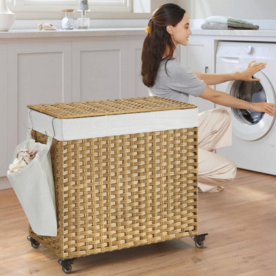 SONGMICS Rolling Laundry Hamper with Lid Spacious Synthetic Rattan 3 Compartment Laundry Bin Removable Liner Natural