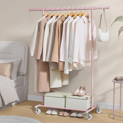 SONGMICS Rolling Wardrobe Solution, Durable Clothes Organizer with Adjustable Bar, Portable Design, Jelly Pink