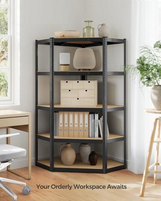 SONGMICS Shelving Unit, Corner Shelf 5-Tier, Heavy Duty Metal Units for Room, Warehouse, Ink Black and Natural Beige