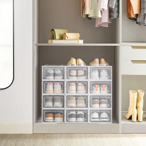 SONGMICS Shoe Caddies, Boxes, 12 Stackable Storage Organisers, Foldable and Multipurpose, Transparent and White