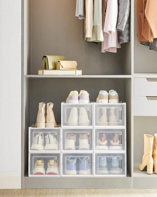 SONGMICS Shoe System, Eight-Pack Stackable Organizers for Footwear Protection, Transparent and White
