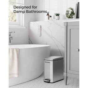 SONGMICS Slim Pedal Toilet Bin with Lid, Soft Close Steel, Compact Small Space Bathroom Bin, Silver
