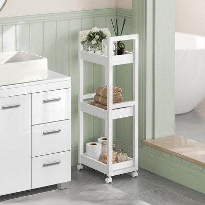 SONGMICS Small Shelf Storage Unit on Wheels Bathroom Trolley Slim Kitchen Shelf 3 Tier Storage Caddy Space Saving White