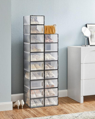 SONGMICS Stackable Shoe Storage Boxes, Pack of 18 Organisers, Foldable & Versatile, Transparent & Black