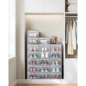 SONGMICS Stackable Shoe Storage Organizers, 18 Shoe Boxes, Foldable and Multifunctional for Organizing, Transparent and Grey