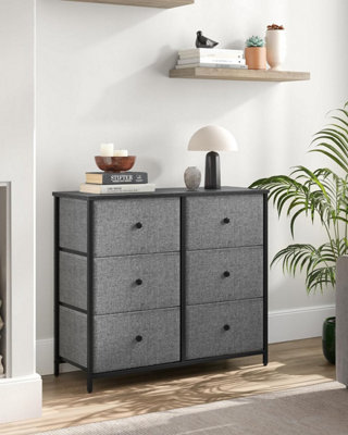 SONGMICS Storage Chest, 6 Fabric Drawers with Sturdy Metal Frame, Organizer Unit, Dresser, Grey and Black with Wood Grain