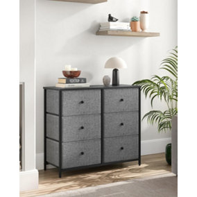 SONGMICS Storage Chest, 6 Fabric Drawers with Sturdy Metal Frame, Organizer Unit, Dresser, Grey and Black with Wood Grain