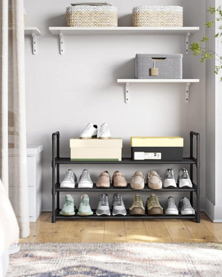 SONGMICS Storage Stand, Triple-Tier Metal Shoe Organizer with Stackable Feature, Black