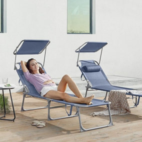 SONGMICS Sun Lounger, Deck Chair Folding, with Sunshade Headrest Adjustable Backrest, Reclining Sun Chair, Blue