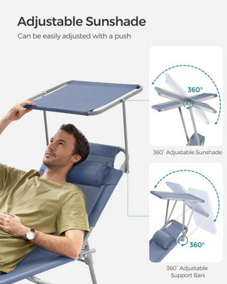 SONGMICS Sun Lounger Deck Chair Folding with Sunshade Headrest Adjustable Backrest Reclining Sun Chair Blue DIY at B Q