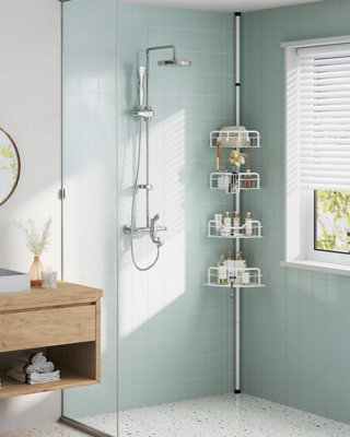 SONGMICS Tension-mounted Corner Rack, 4-Tier Bathroom Collection System, Premium Shower Organizer, Cloud White
