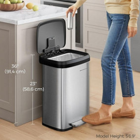 SONGMICS Trash Can, Kitchen Rubbish Can, Tall and Spacious Metal Waste Bin with Lid, Silver and Black