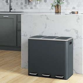 SONGMICS Triple Kitchen Bin, Large Recycling Trash Can, 3-Compartment Pedal Bin with Steel Construction, Charcoal Grey