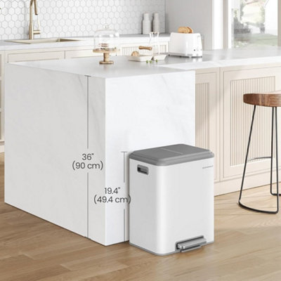 SONGMICS Two-Compartment Kitchen Bin, Steel Rubbish and Recycling Container, Inner Buckets, Soft-Close Lid, Pedal, Cloud White