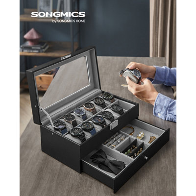 SONGMICS Watch Box, Watch Case with Glass Lid, 2-Tier Watch Display ...