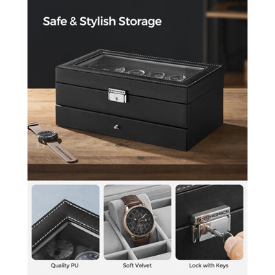 SONGMICS Watch Box, Watch Case with Glass Lid, 2-Tier Watch Display ...