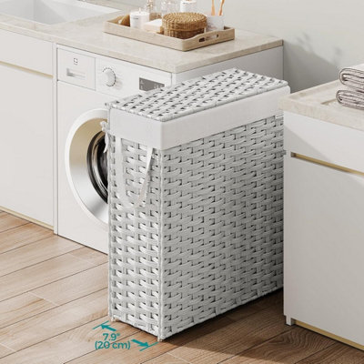 SONGMICS Wicker Laundry Hamper, Slim Synthetic Rattan Storage Basket with Lid and Handles, Foldable, Cloud White