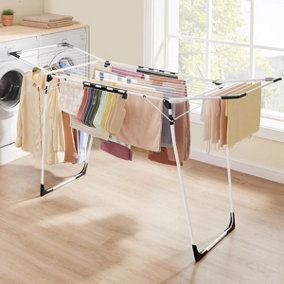 SONGMICS Winged Clothes Airer, Laundry Drying Rack, with Sock Clips for Clothes, Towels, Linens, Metal, Space-Saving, White