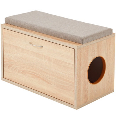 Sonoma Oak Beige Cat Litter Box Enclosure 60cm Wide Hidden Cat Furniture Dog House Indoor Entryway Bench with Cushion on Top