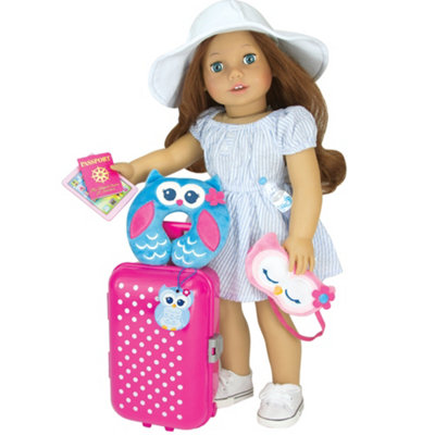 Sophia's By Kids 18 Doll Holiday Travel Suitcase 7 Pcs Set With Sleeping Mask Neck Pillow Tablet Passport Luggage Tag And Water Bottle