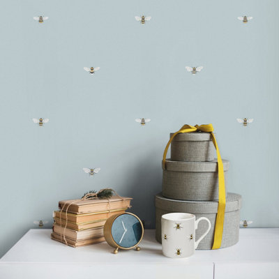 Sophie Allport Duck Egg Bees Pearl effect Embossed Wallpaper
