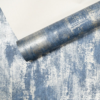 Sophie Laurence Industrial Distressed Concrete Navy Blue Metallic Gold Wallpaper