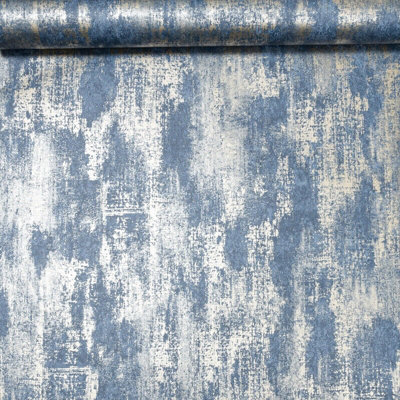 Sophie Laurence Industrial Distressed Concrete Navy Blue Metallic Gold Wallpaper