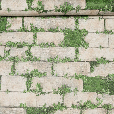 View of SOPHIE LAURENCE Rustic Grey Stone Brick Effect Moss Foliage Textured ...