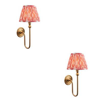 Sophisticated 2 Pack Dimmable Wall Lights in Aged Brass and Coral Pink Fabric
