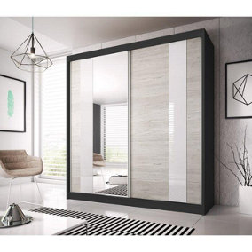 Sophisticated Black Matt Multi Sliding Mirror Door Wardrobe W233cm H218cm D61cm - Kathult Oak & White Gloss Front