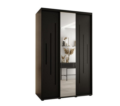 Sophisticated Black Mirrored Cannes XIII Sliding Wardrobe H2050mm W1600mm D600mm - Custom Black Steel Handles and Decorative Strip