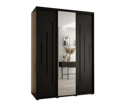 Sophisticated Black Mirrored Cannes XIII Sliding Wardrobe H2050mm W1800mm D600mm with Custom Black Steel Handles