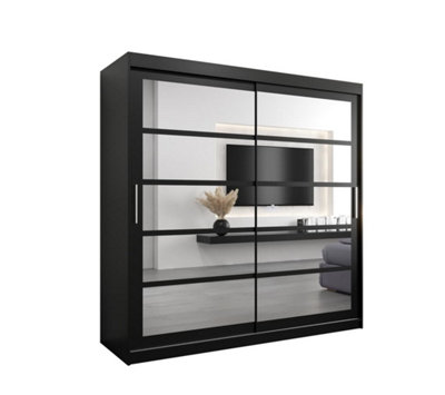 Sophisticated Black Sliding Door Wardrobe H2000mm W2000mm D620mm with Mirrored Panels and Silver Handles