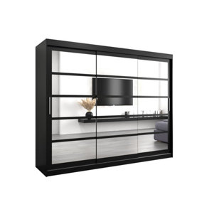 Sophisticated Black Sliding Door Wardrobe H2000mm W2500mm D620mm with Mirrored Panels and Silver Handles