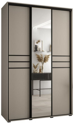 Sophisticated Cashmere & Black Sliding Door Wardrobe H2350mm W1600mm D600mm - Spacious Design with Mirrored Panel