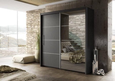 Sophisticated Graphite Inova Sliding Door Wardrobe W2000mm H2160mm D620mm - Mirror Finish, Eight Shelves, Ample Storage