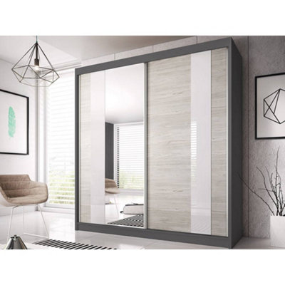 Sophisticated Graphite Multi Sliding Door Wardrobe W183cm H218cm D61cm - Kathult Oak & White Gloss Front