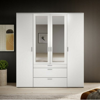 Sophisticated Vesala 4 Hinged Door Wardrobe with Mirror 1800mm x 1950mm x 560mm - White Matt Finish