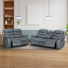 Sorrento 2 Piece Recliner Sofa Set in Grey Leather Aire