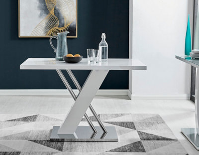 Sorrento 4 Seater White High Gloss and Silver Chrome Metal Dining Table with Striking X Shaped Legs