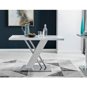 Sorrento 4 Seater White High Gloss and Silver Chrome Metal Dining Table with Striking X Shaped Legs