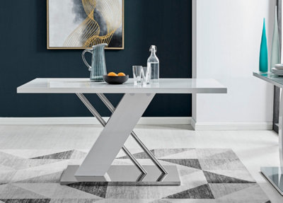 Sorrento 6 Seater White High Gloss and Silver Chrome Metal Dining Table with Striking X Shaped Legs