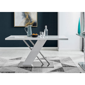 Sorrento 6 Seater White High Gloss and Silver Chrome Metal Dining Table with Striking X Shaped Legs