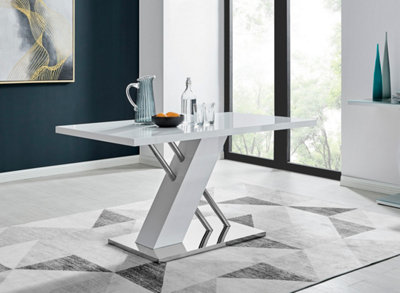 Sorrento 6 Seater White High Gloss and Silver Chrome Metal Dining Table with Striking X Shaped Legs