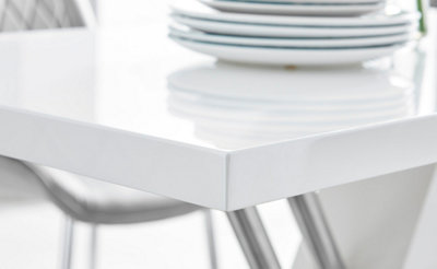 Sorrento 6 Seater White High Gloss and Silver Chrome Metal Dining Table with Striking X Shaped Legs