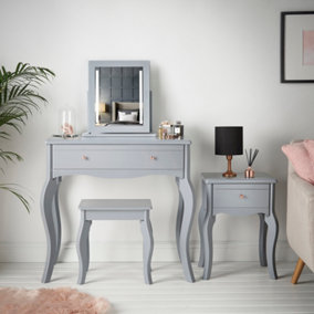 Sorrento - Grey Dressing Table and Side Table With Drawer Rose Gold Handles Stool Mirror with LED Lights - Four Piece Set Bedroom