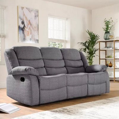 Sorrento Grey Fabric Sofa Suite Manual Reclining Sofa Set 3 + 2 Seater Sofas With Drinks Tray High Back