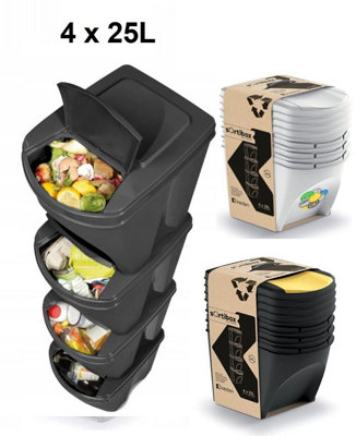 Sorting Waste Bin Recycling Segregation Stackable Lidded Black 4x25L