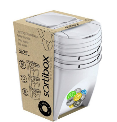 Sorting Waste Bins Recycling Set Segregation Stackable 3 x 25L White